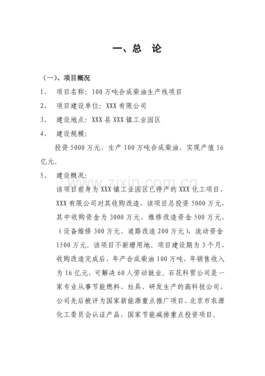 100万吨合成柴油、醇基燃料生产线项目可行性研究报告.docx_第1页