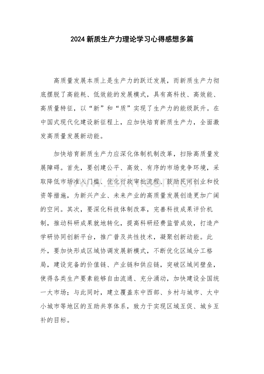2024新质生产力理论学习心得感想多篇.docx_第1页