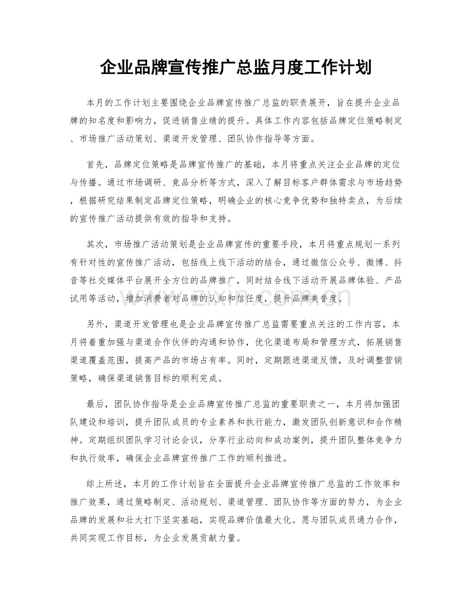 企业品牌宣传推广总监月度工作计划.docx_第1页