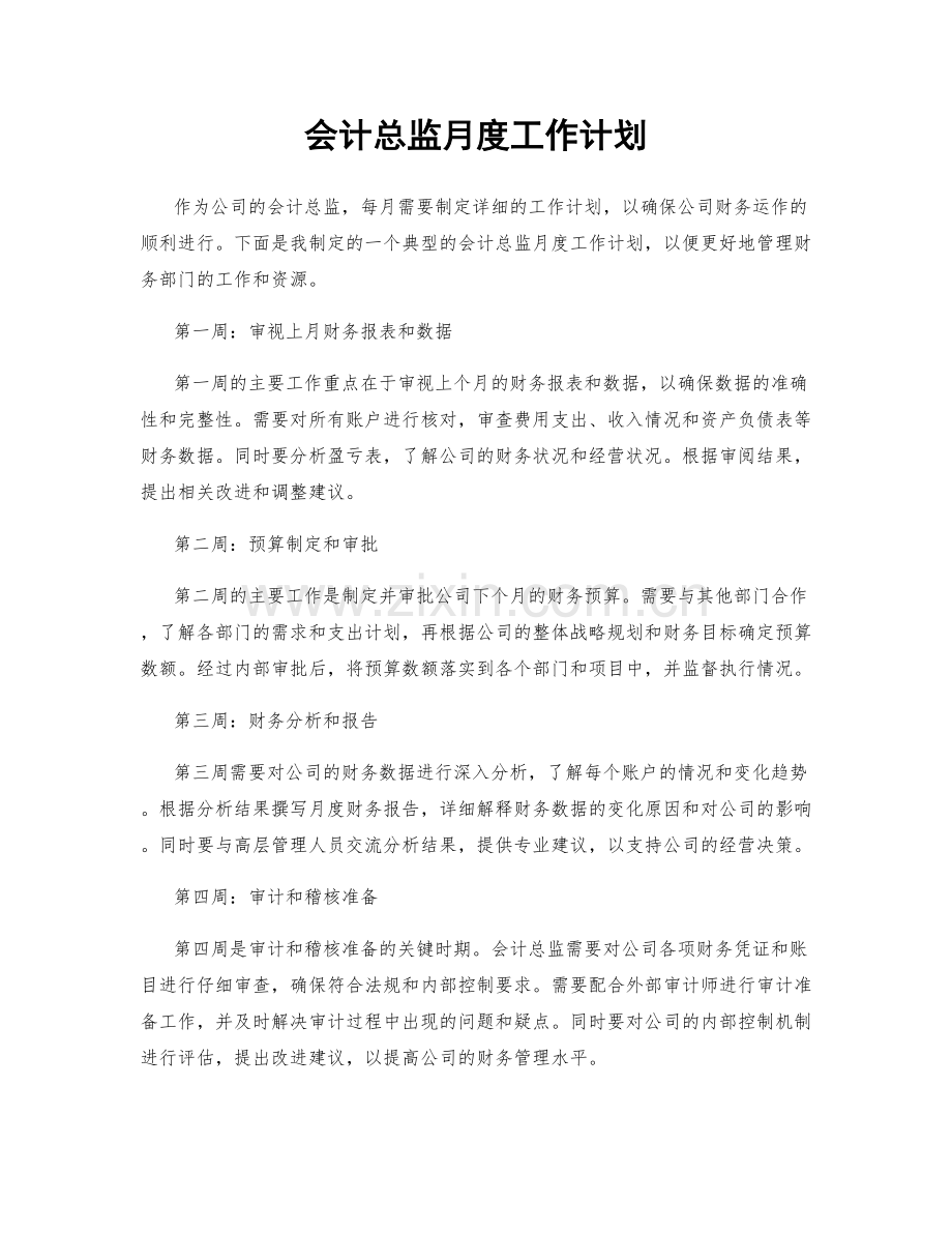会计总监月度工作计划.docx_第1页