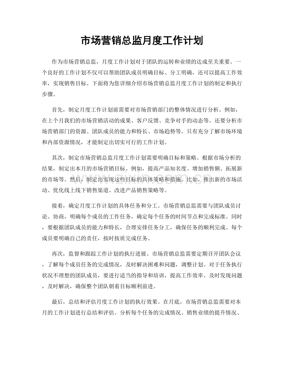 市场营销总监月度工作计划.docx_第1页