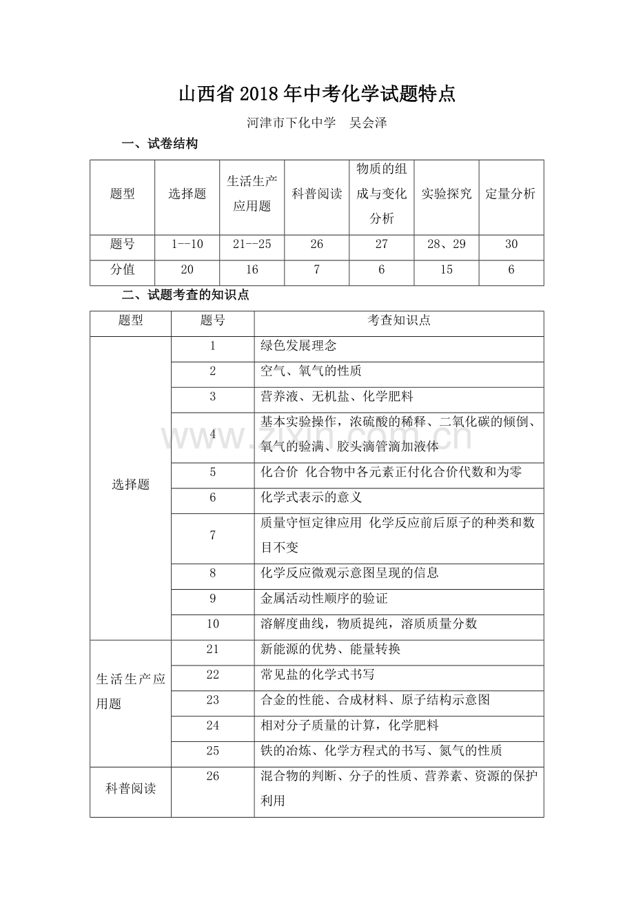 吴会泽---2018年山西中考化学试卷分析.doc_第1页