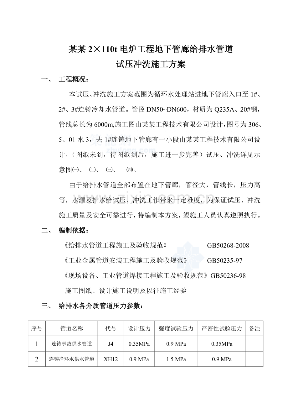 方案电炉工程地下管廊给排水管道试压冲洗施工方案.docx_第1页