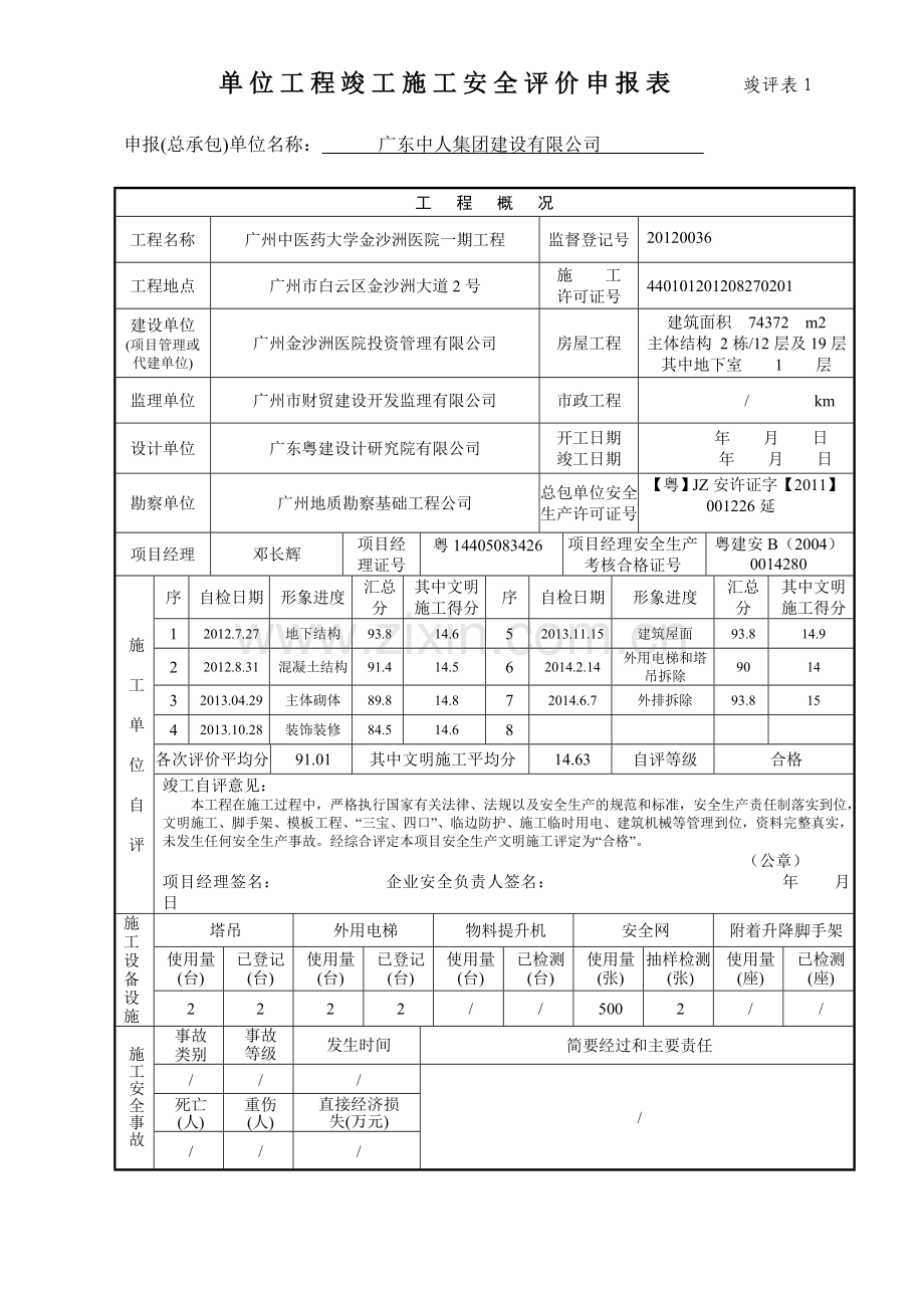 单位工程竣工施工安全评价申报表(竣.doc_第1页