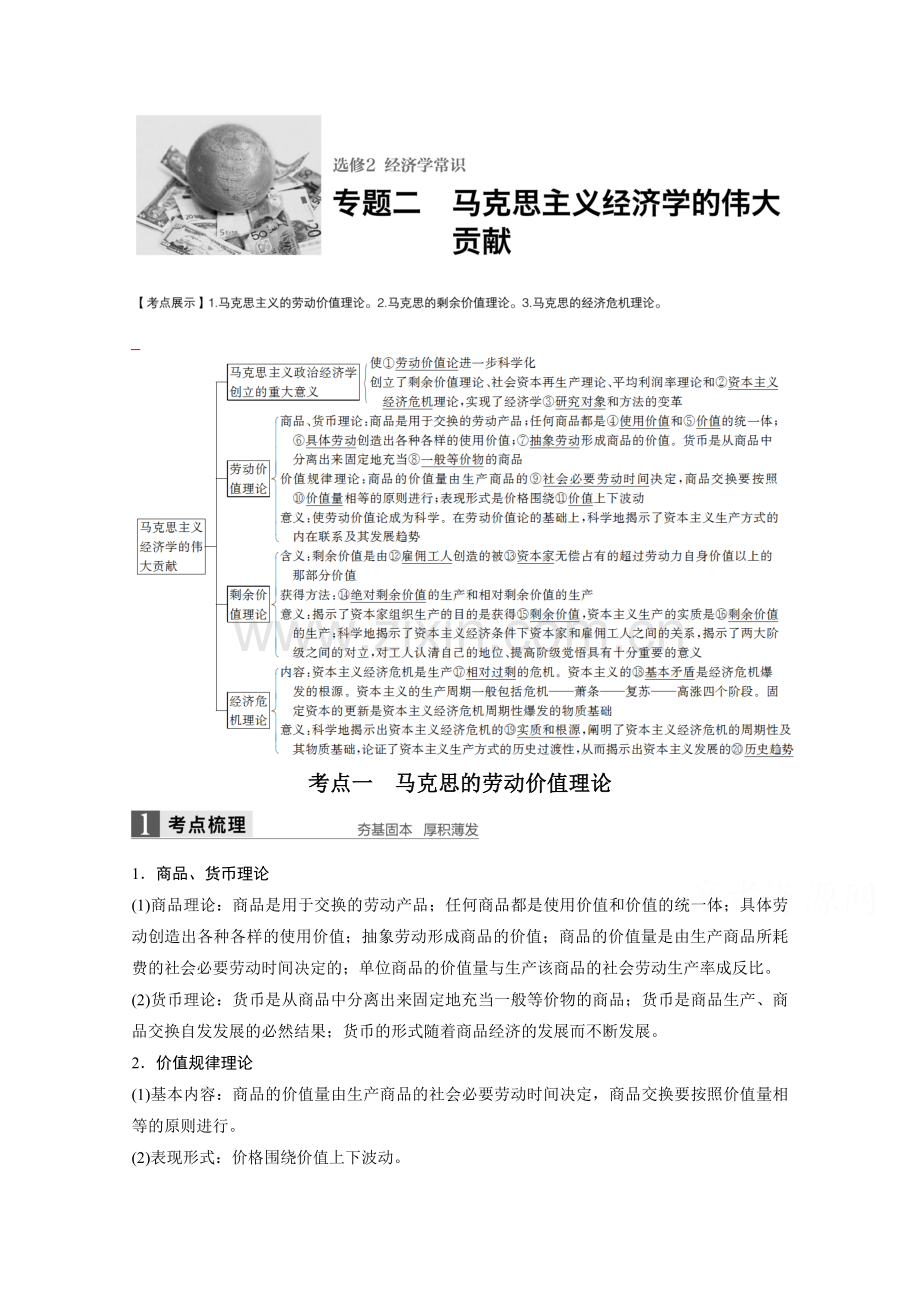 高考政治人教版全国一轮复习选修2经济学常识专题二马克思主义经济学的伟大贡献讲义.doc_第1页