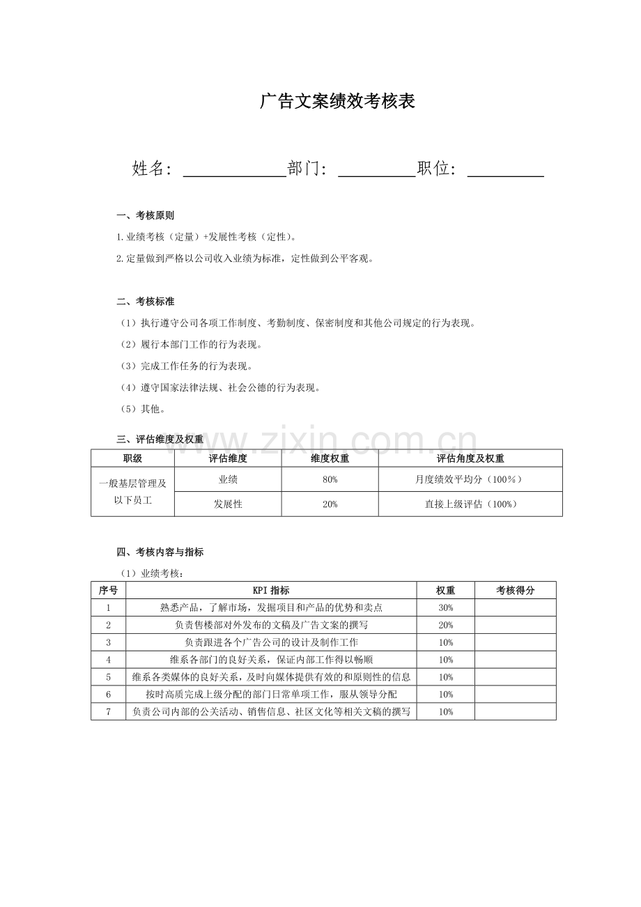 人事部门专用——策划岗位绩效考核表(文案).doc_第1页