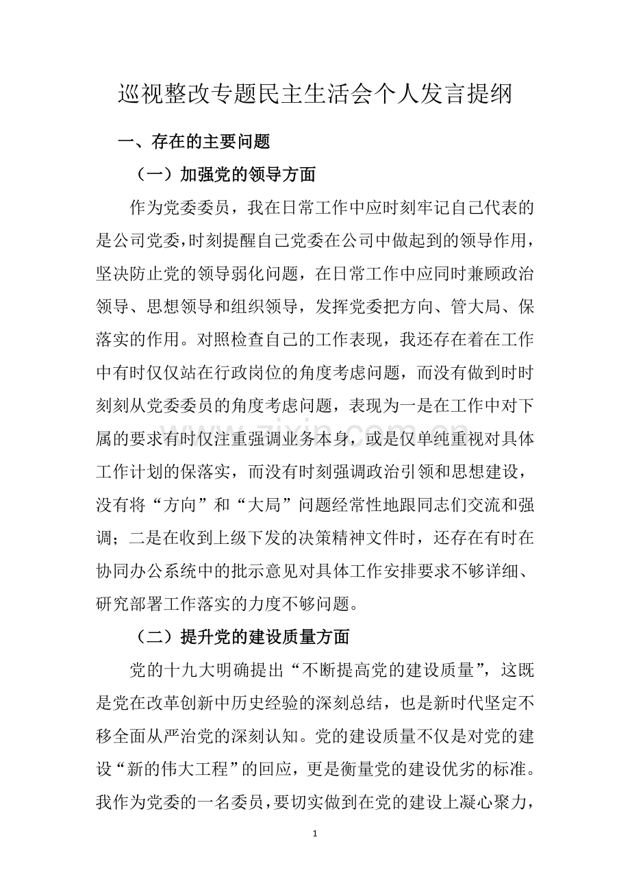 巡视整改专题生活会个人发言提纲.doc_第1页