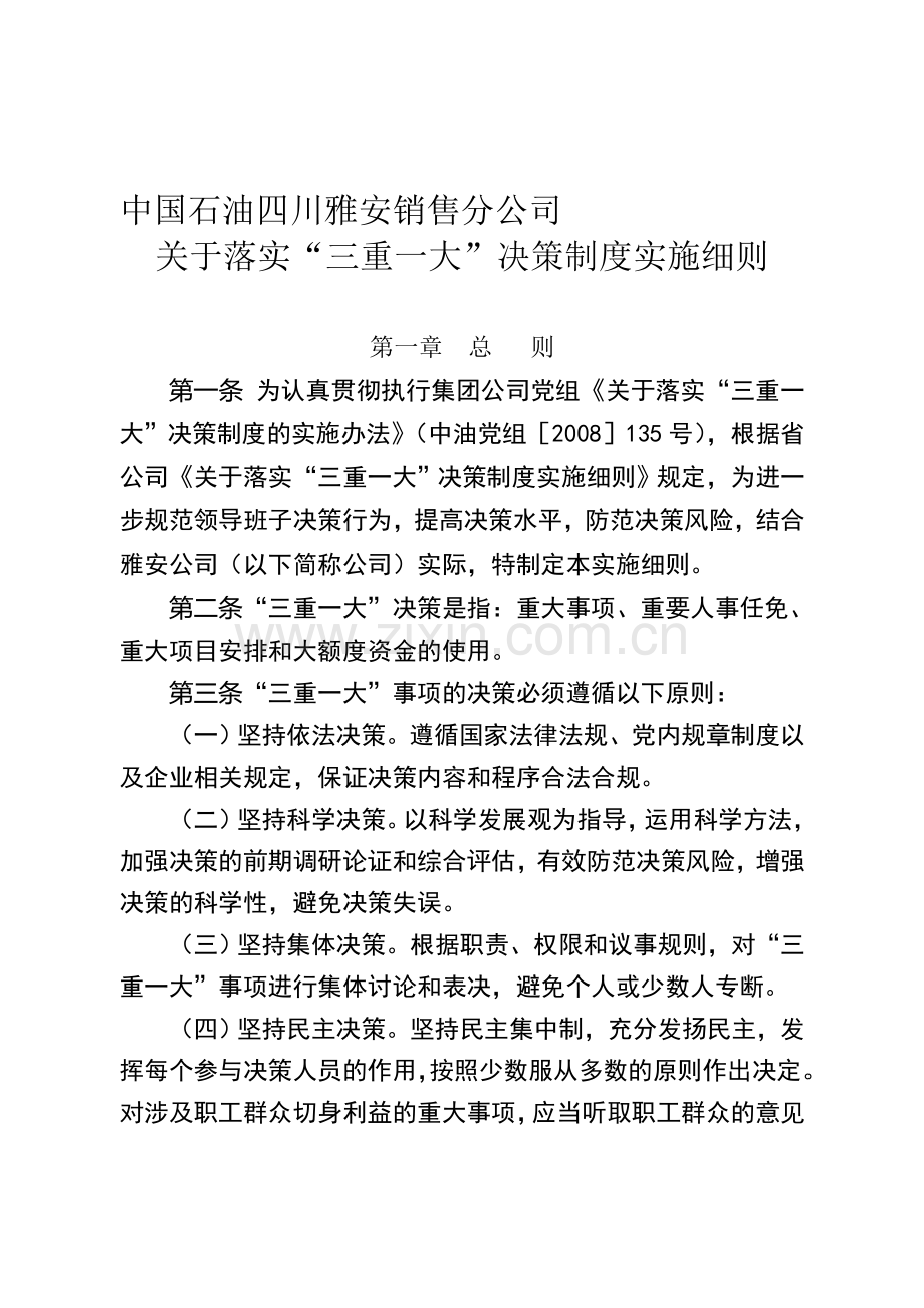 “三重一大”决策制度实施细则(雅安).doc_第1页