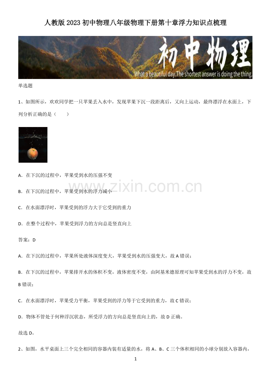 人教版2023初中物理八年级物理下册第十章浮力知识点梳理.pdf_第1页