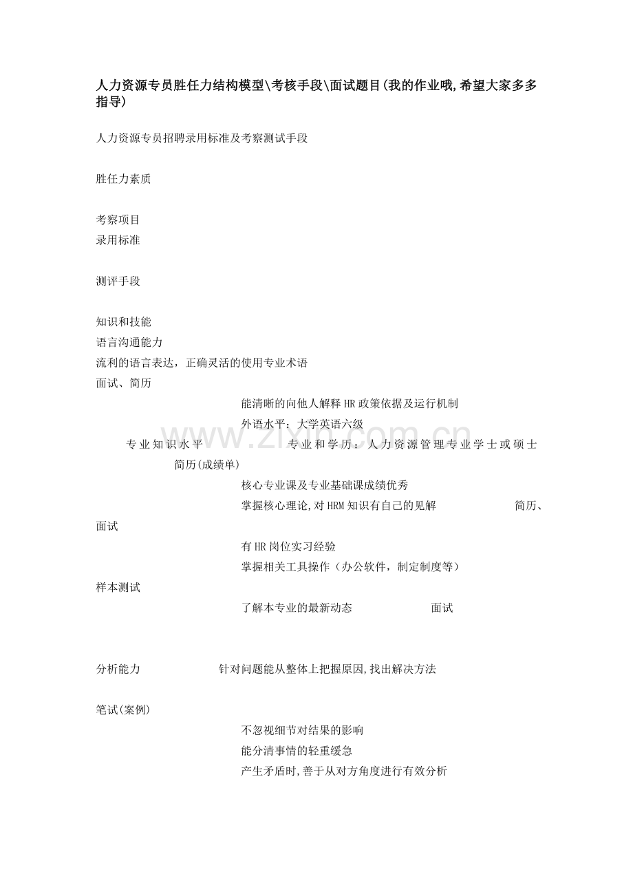 人力资源专员胜任力结构模型.doc_第1页