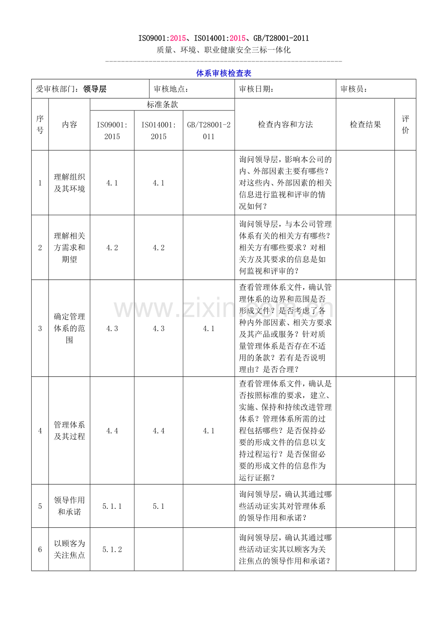 2015版三标一体化管理体系内审检查表.doc_第1页