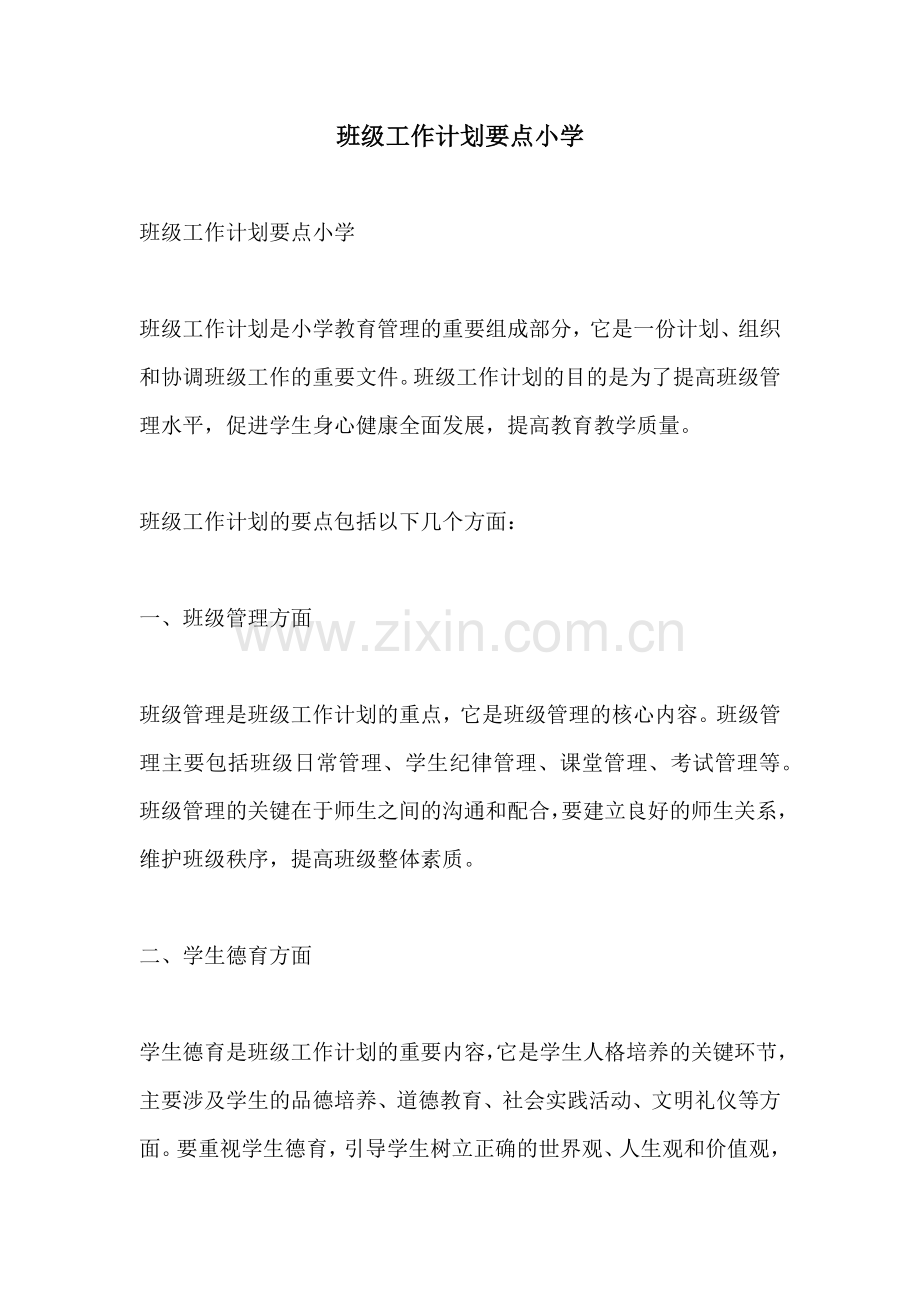 班级工作计划要点小学.docx_第1页