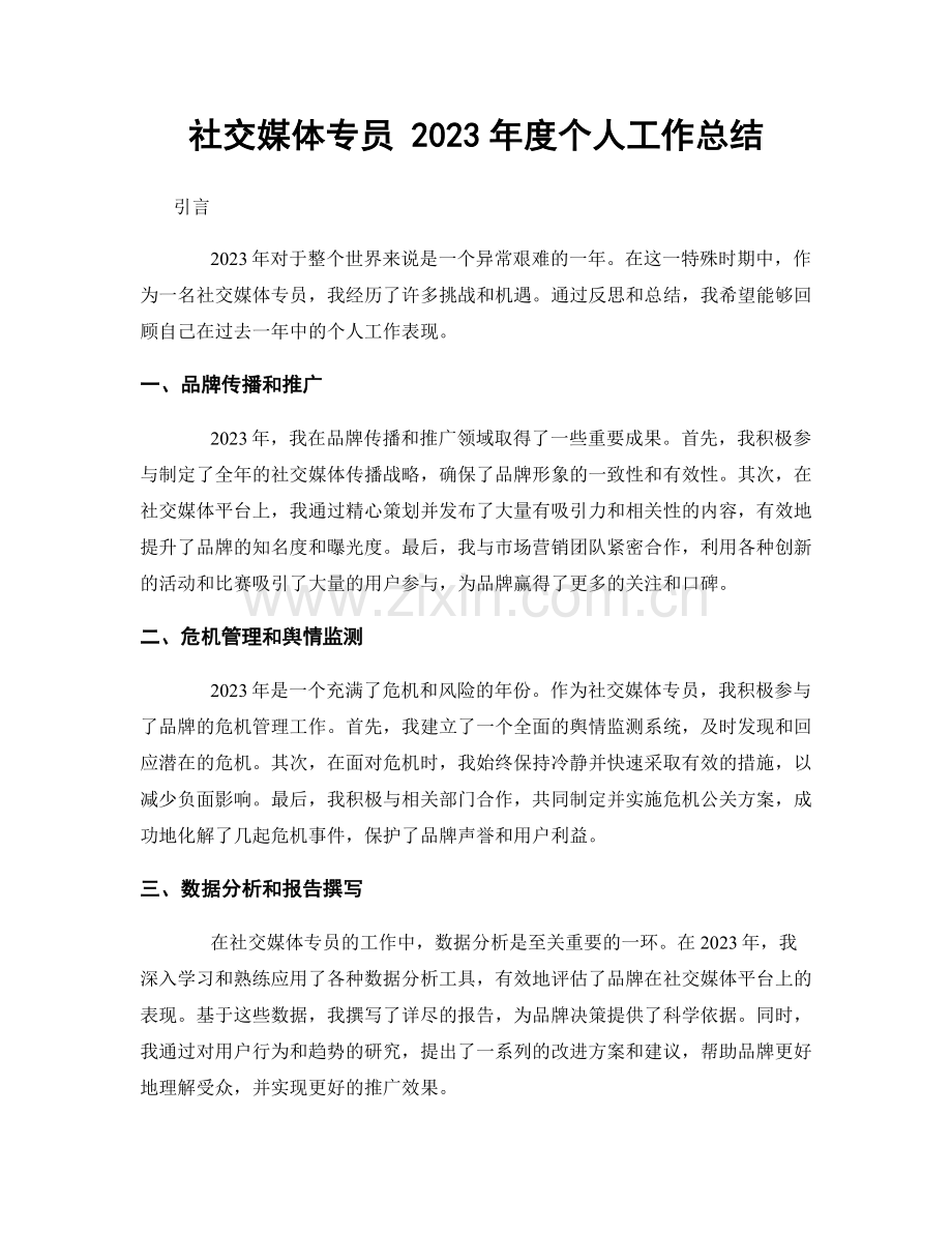 社交媒体专员 2023年度个人工作总结.docx_第1页