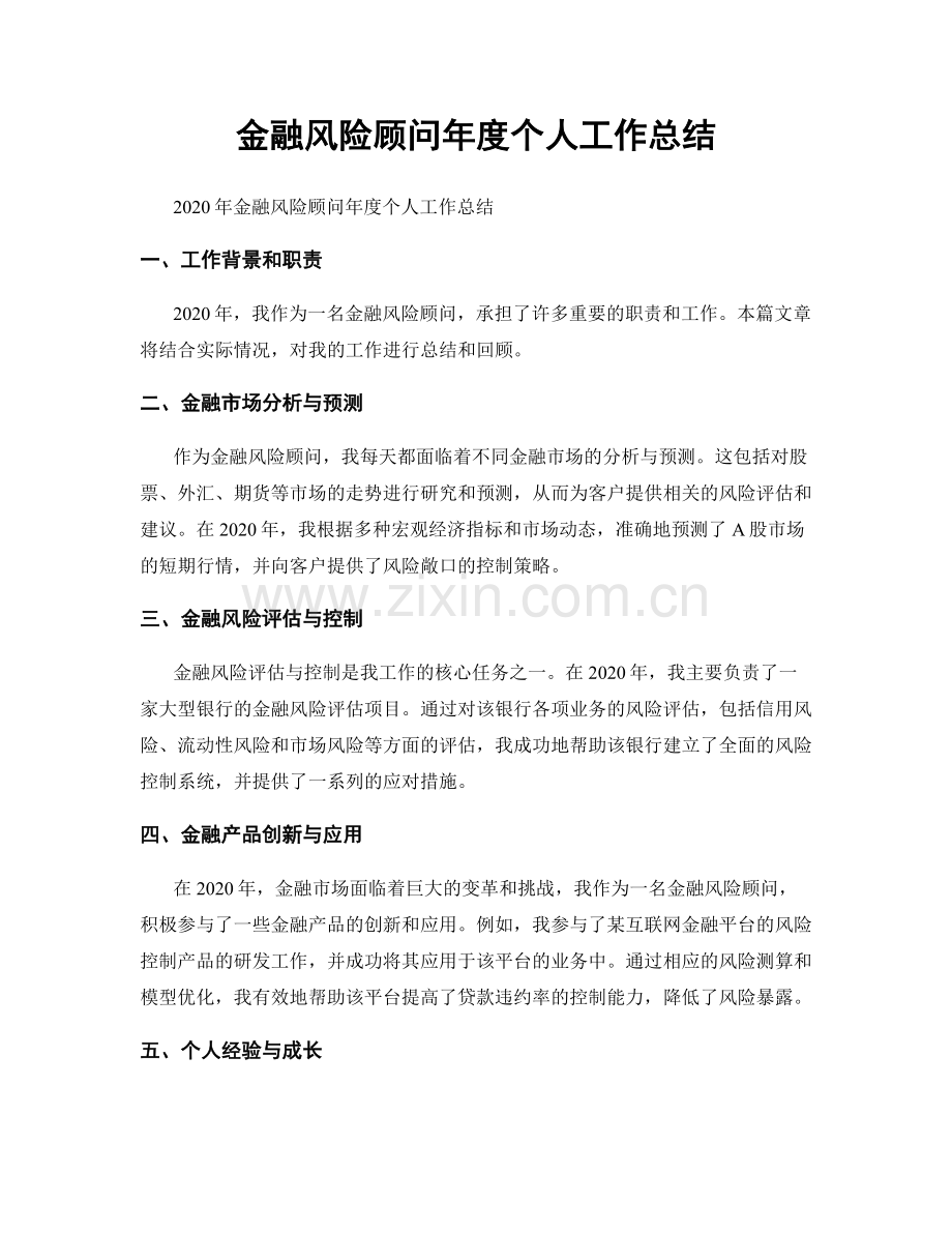 金融风险顾问年度个人工作总结.docx_第1页