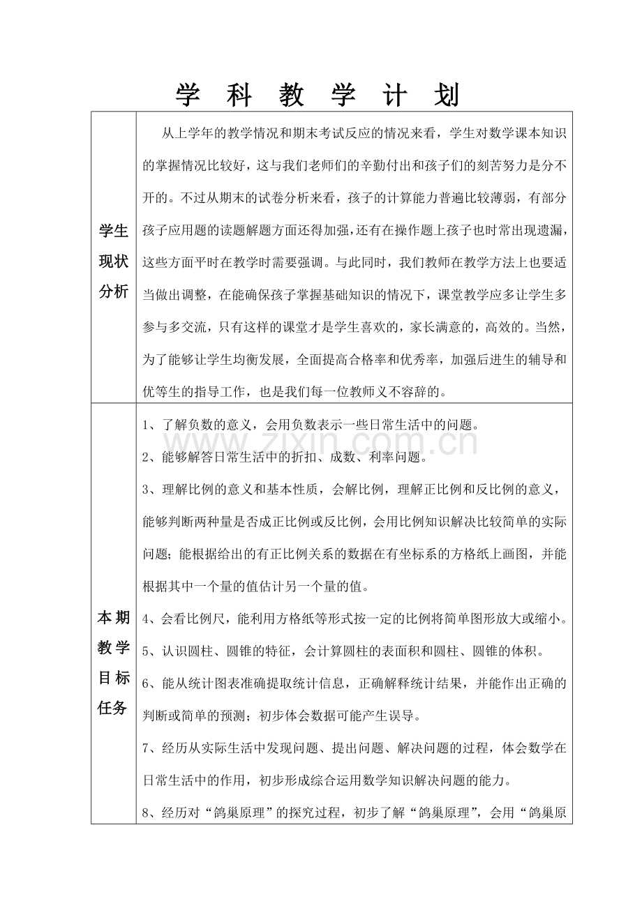 六年级数学下册教学计划及单元计划.doc_第1页