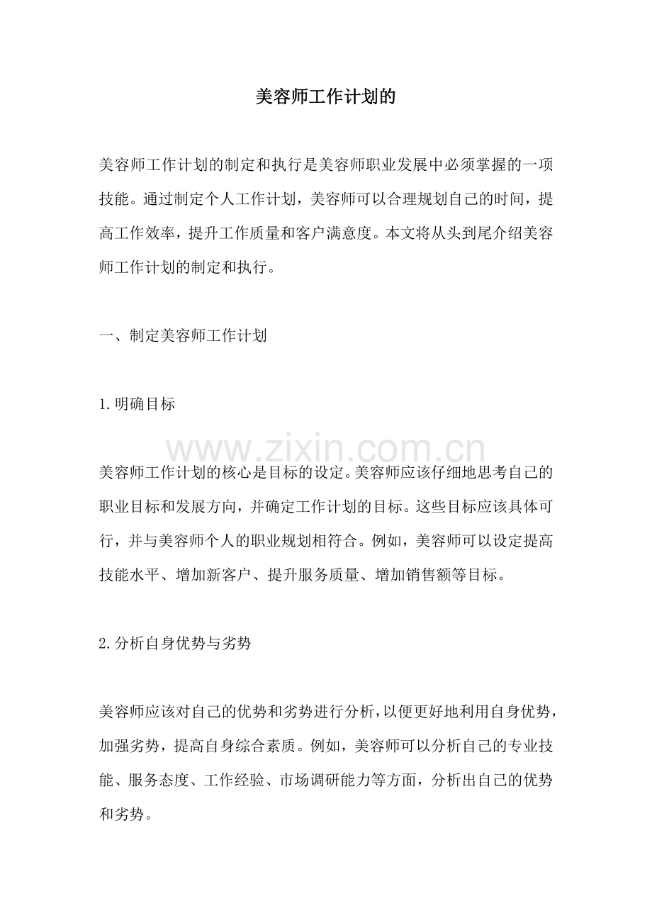 美容师工作计划的 (2).docx_第1页