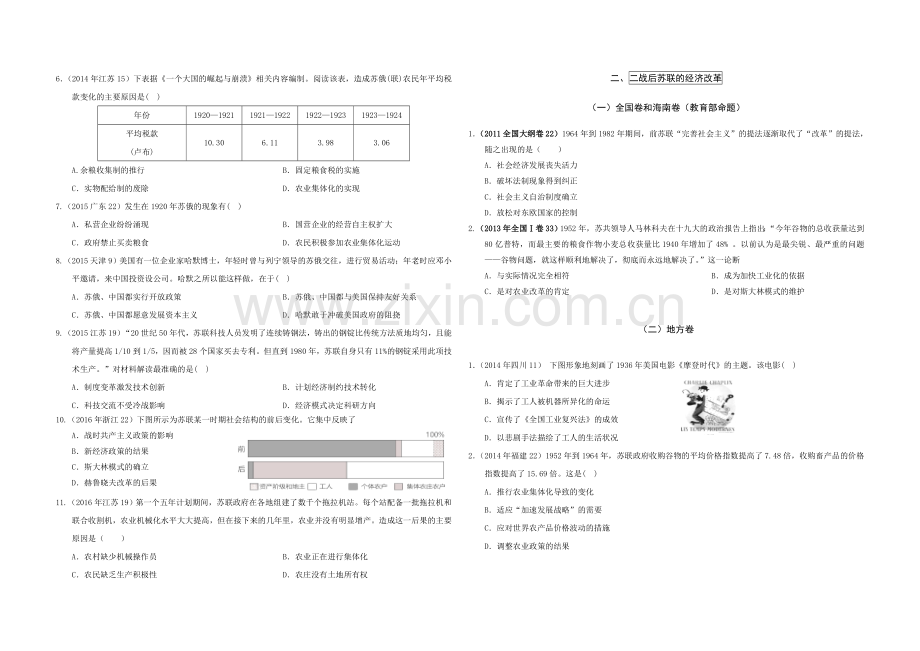 四中历史必修二第7单元苏联的社会主义建设高考题(含答案).doc_第2页