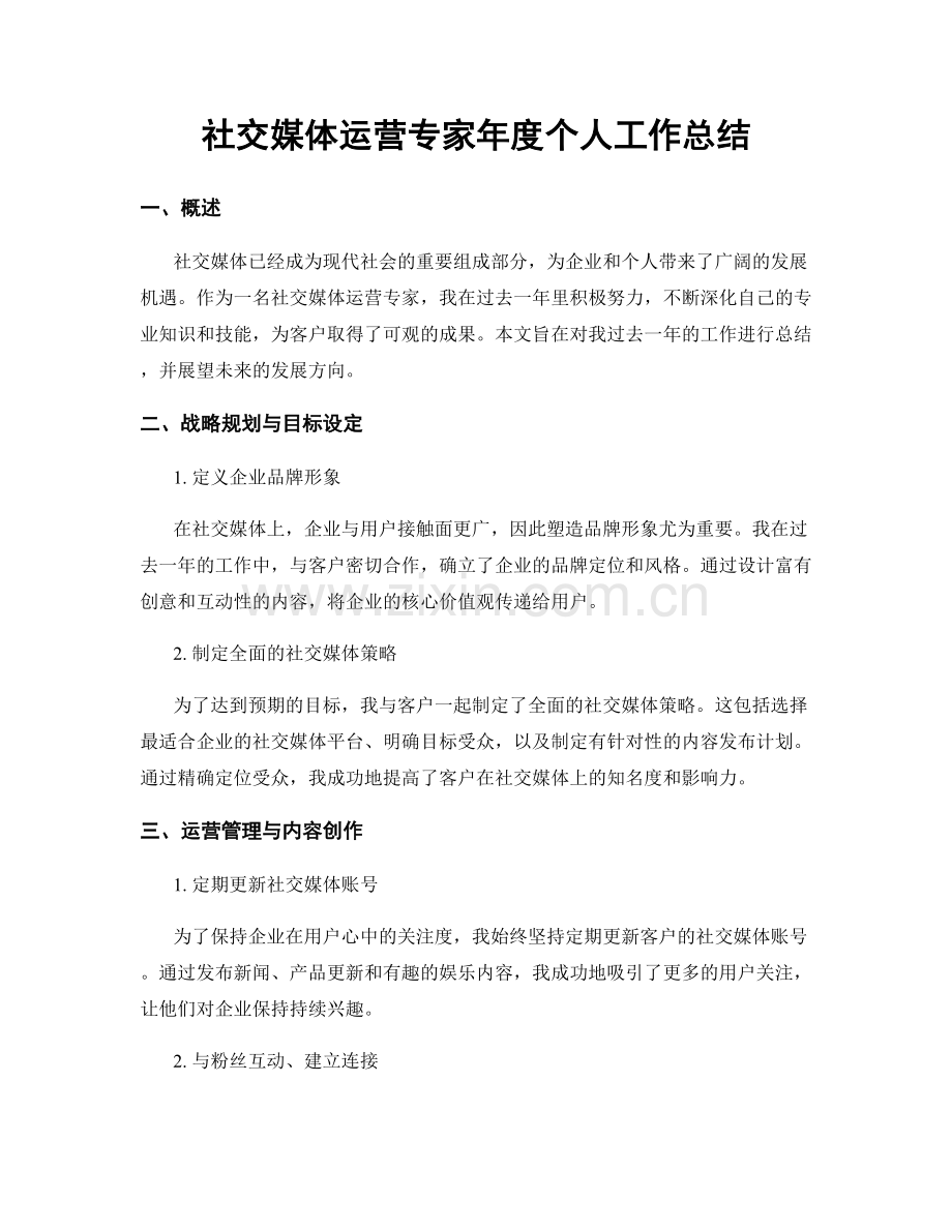 社交媒体运营专家年度个人工作总结.docx_第1页