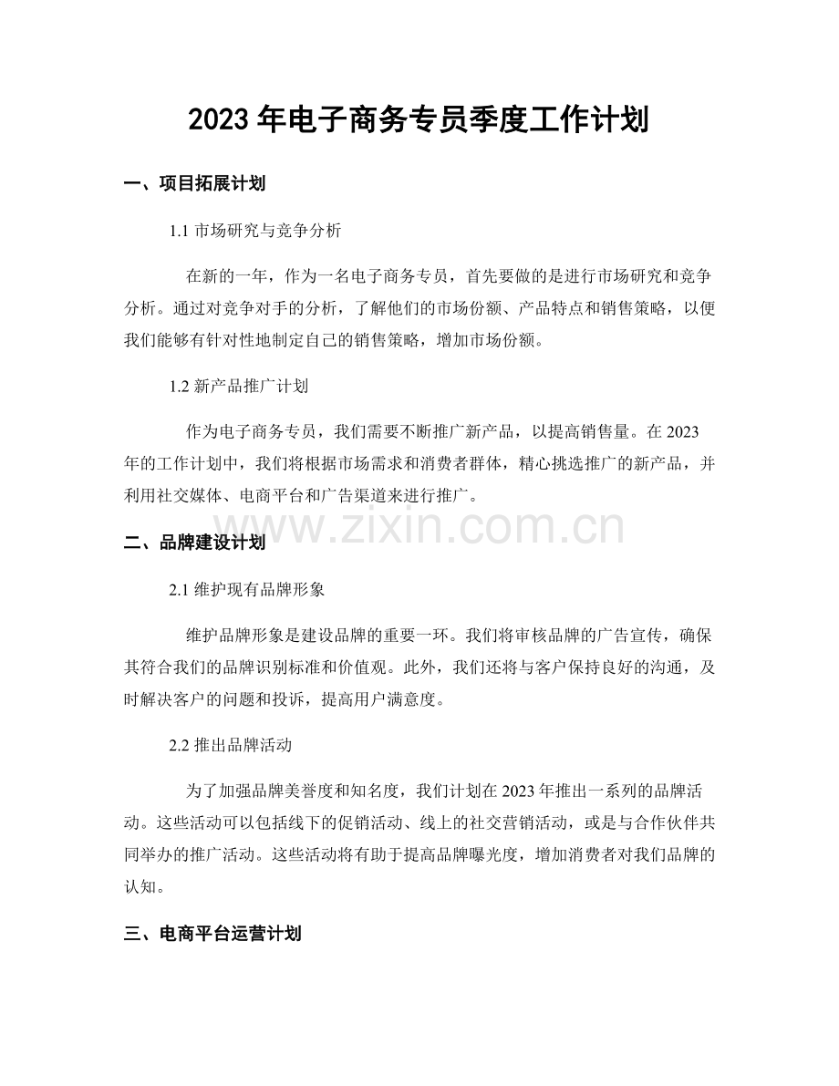 2023年电子商务专员季度工作计划.docx_第1页