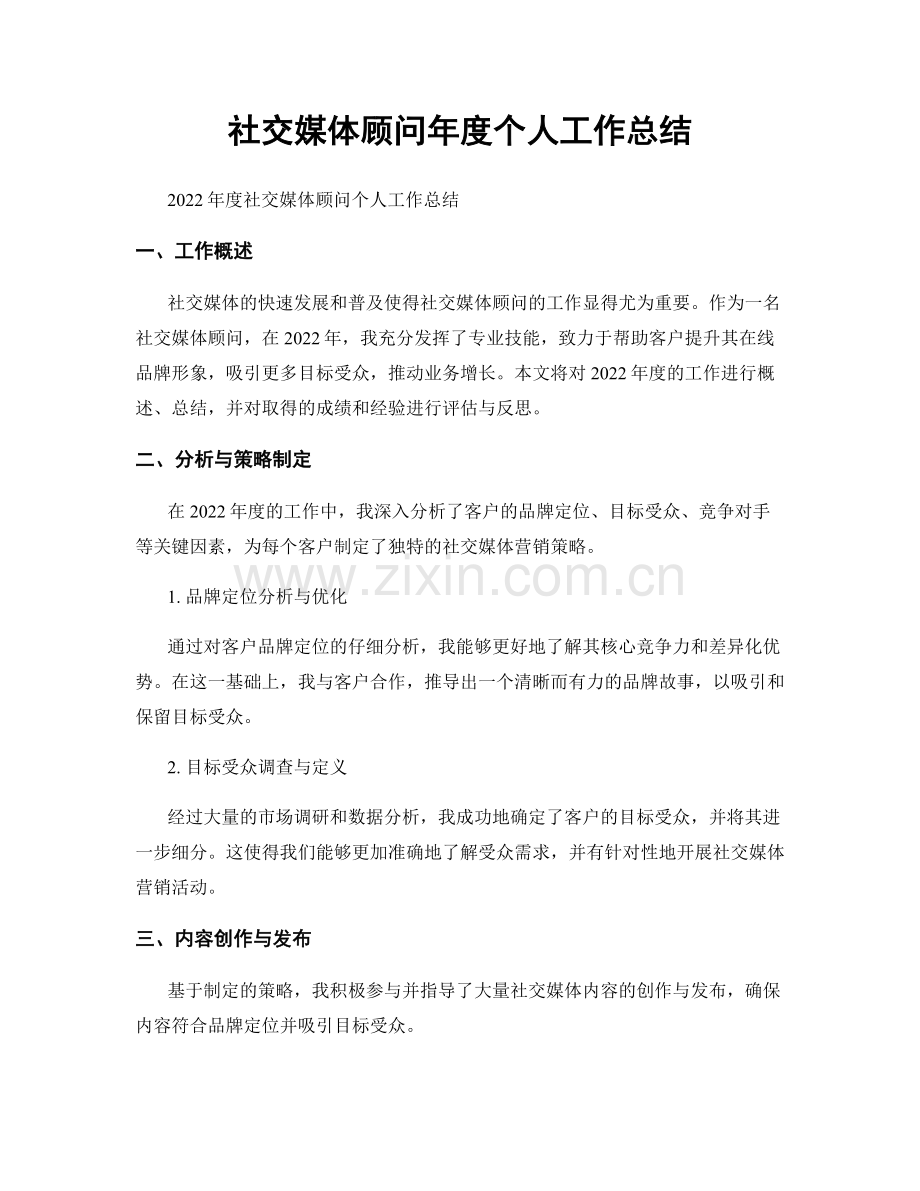 社交媒体顾问年度个人工作总结.docx_第1页