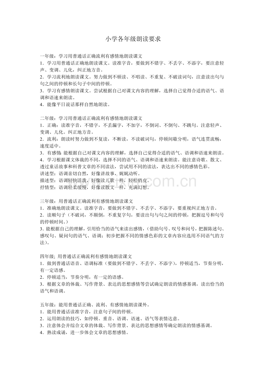 小学语文教学各年级的朗读要求.doc_第1页