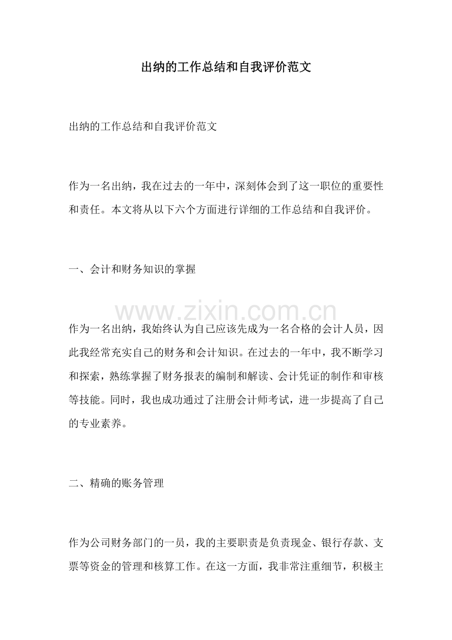 出纳的工作总结和自我评价范文.docx_第1页