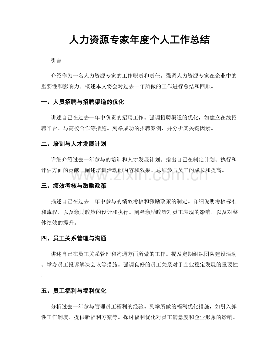 人力资源专家年度个人工作总结.docx_第1页