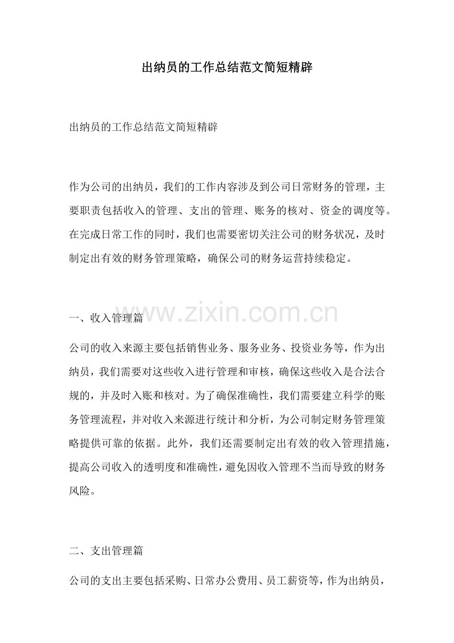 出纳员的工作总结范文简短精辟.docx_第1页