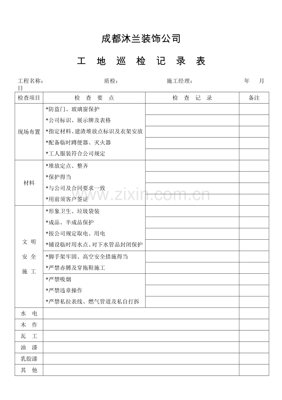 装饰工程有限公司工地巡检记录表.doc_第1页