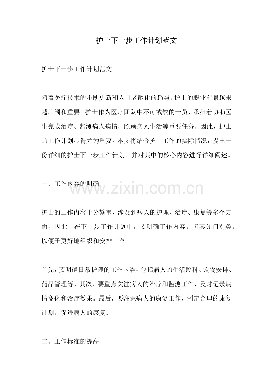 护士下一步工作计划范文.docx_第1页