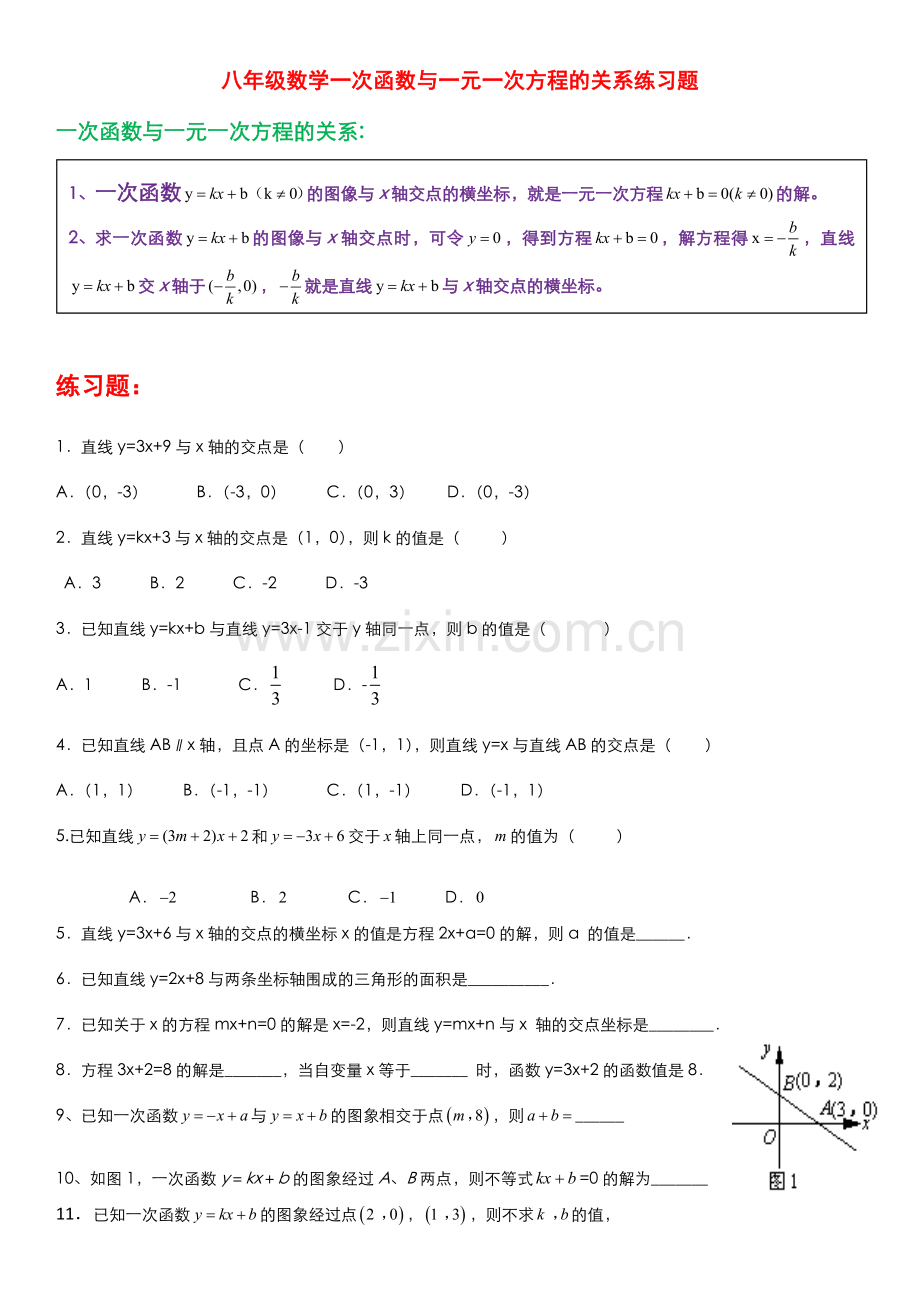 八年级数学一次函数与一元一次方程的关系练习题.doc_第1页