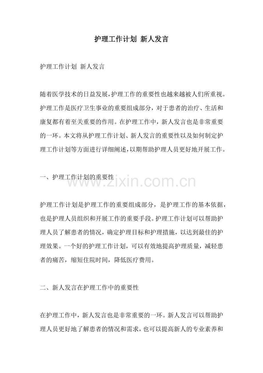 护理工作计划 新人发言.docx_第1页