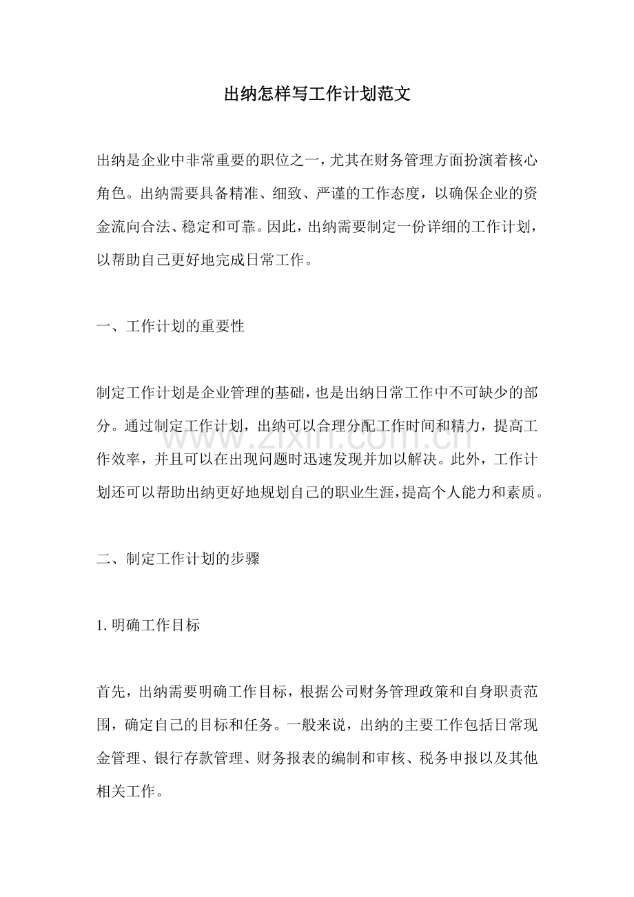 出纳怎样写工作计划范文.docx_第1页