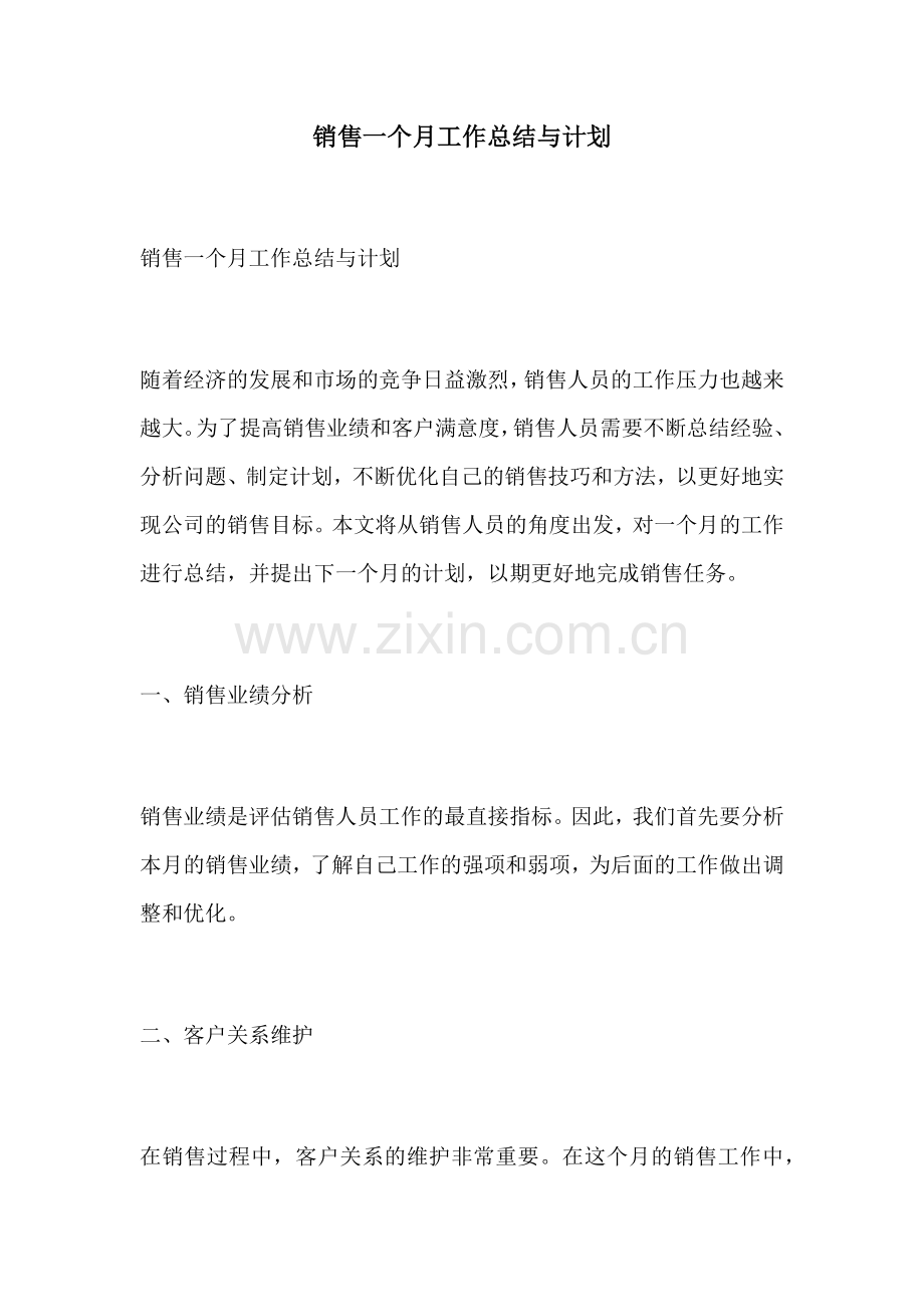 销售一个月工作总结与计划.docx_第1页
