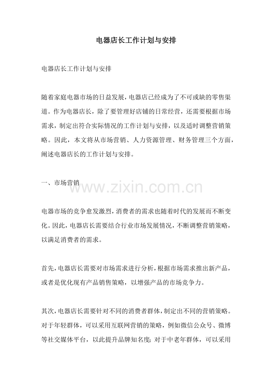 电器店长工作计划与安排.docx_第1页
