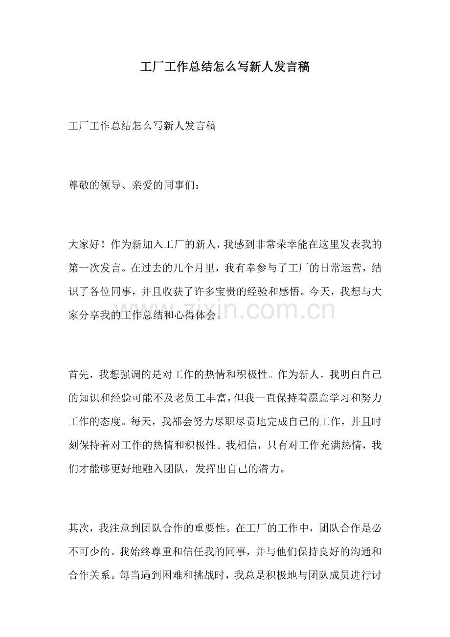 工厂工作总结怎么写新人发言稿.docx_第1页