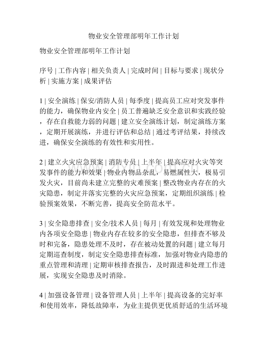 物业安全管理部明年工作计划.docx_第1页