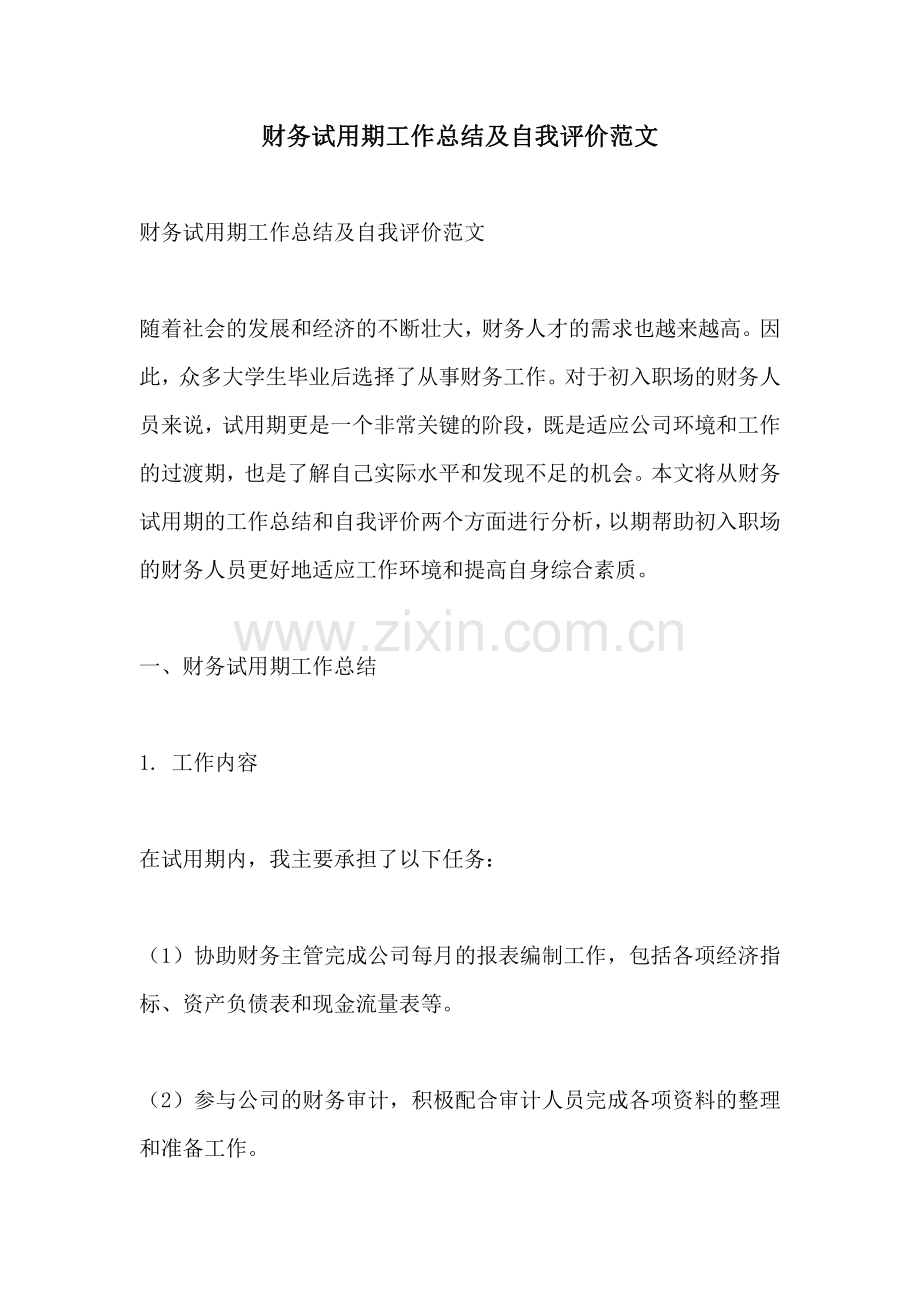 财务试用期工作总结及自我评价范文.pdf_第1页
