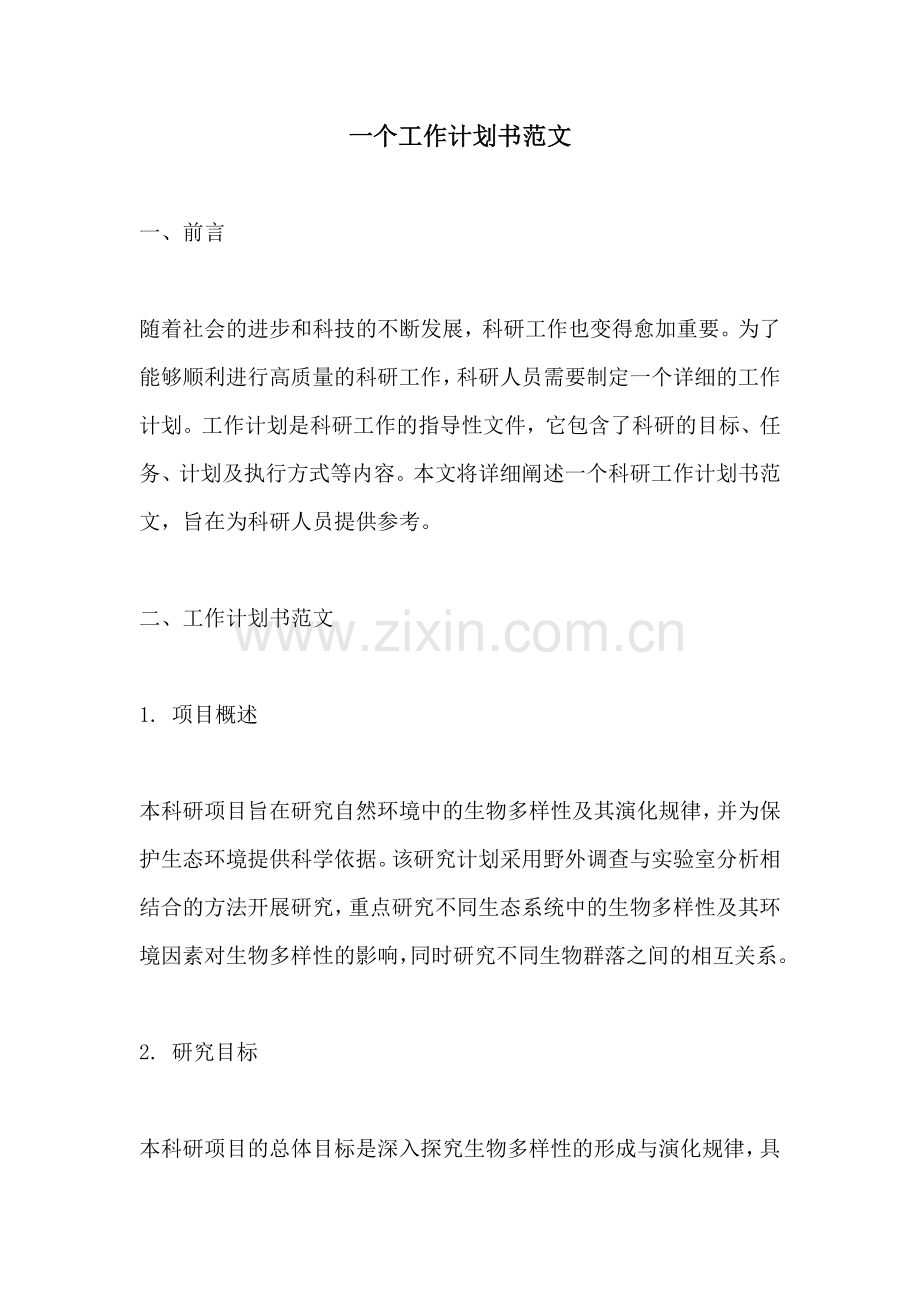 一个工作计划书范文.docx_第1页