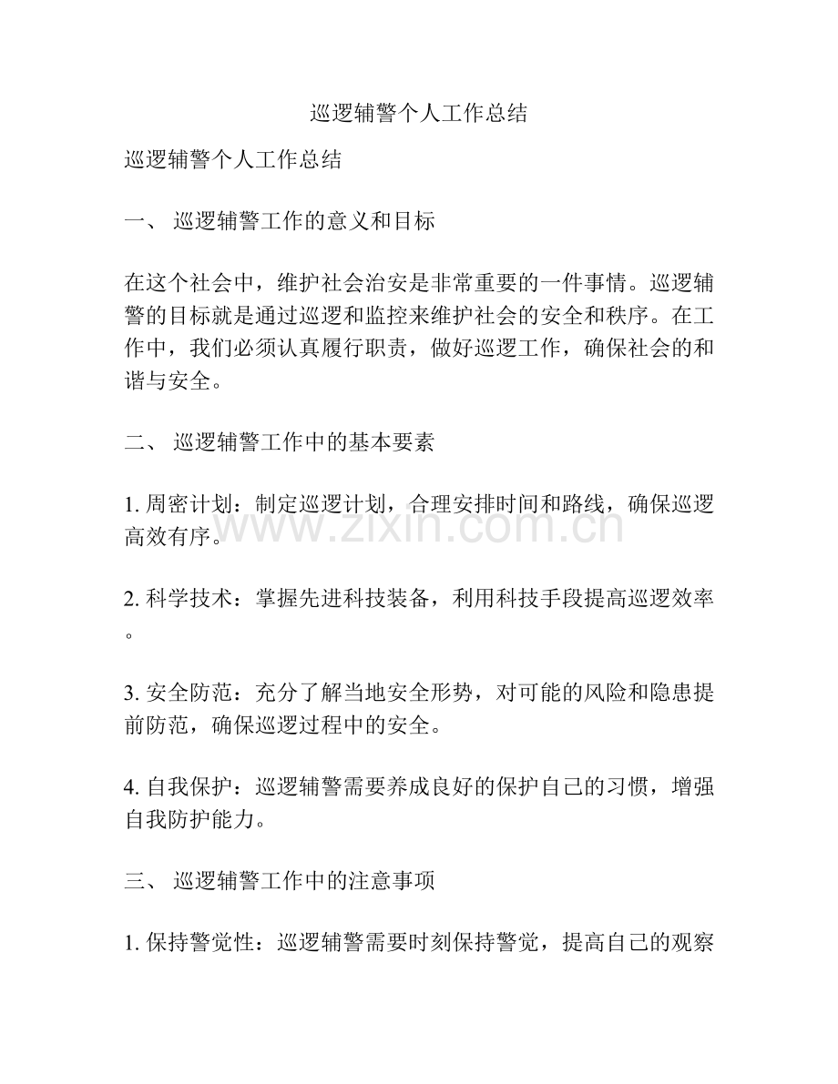 巡逻辅警个人工作总结.docx_第1页
