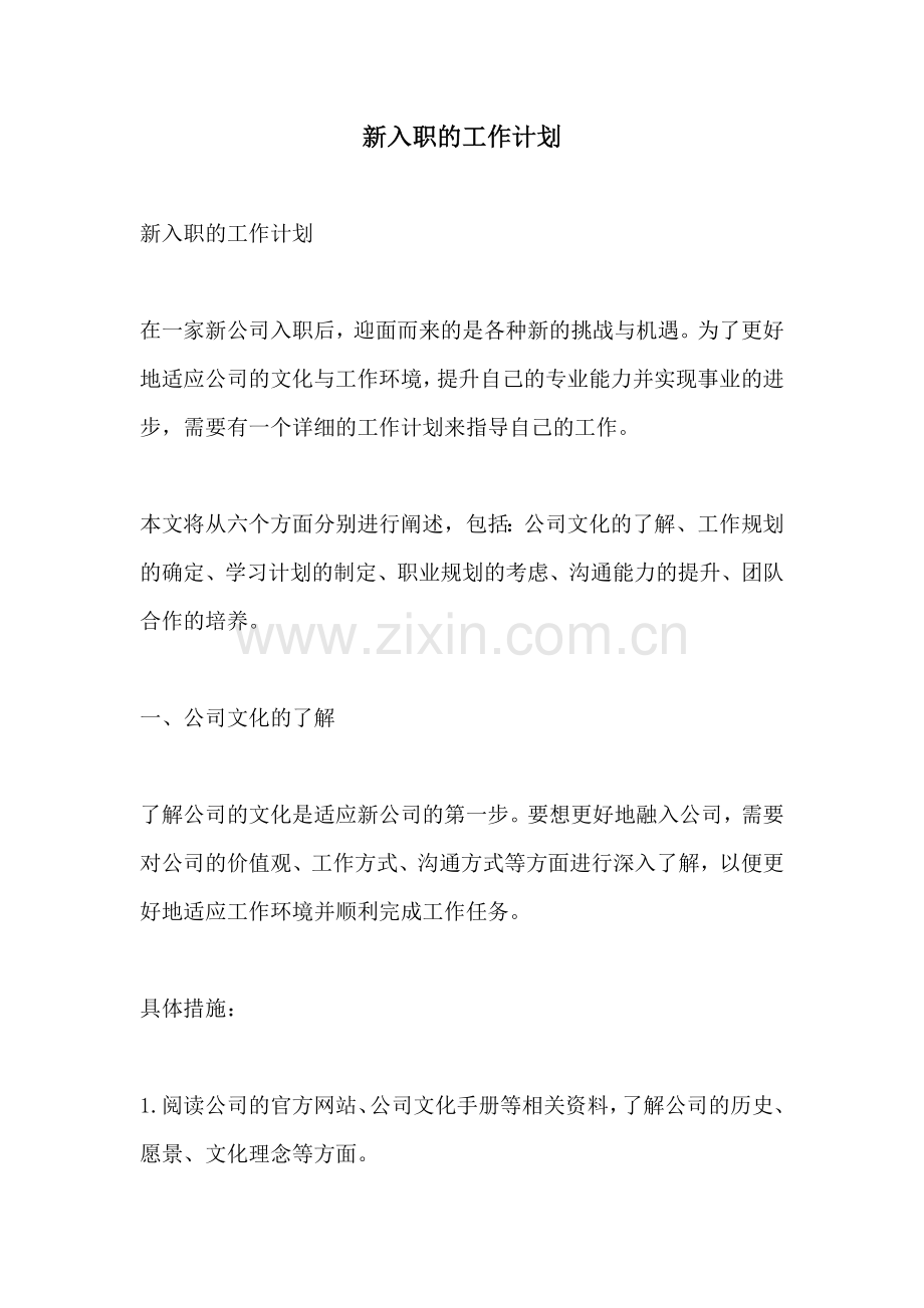 新入职的工作计划.docx_第1页