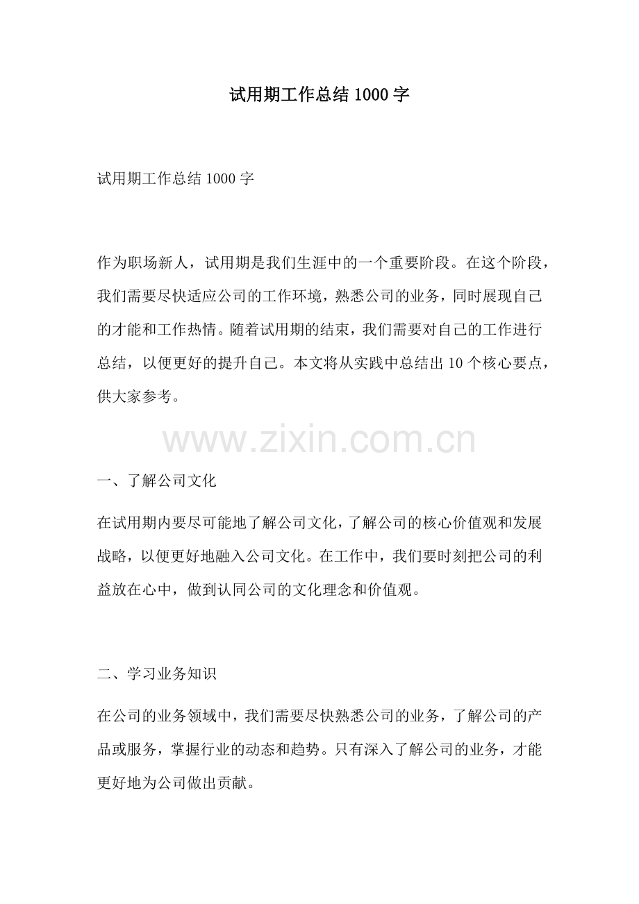 试用期工作总结1000字.docx_第1页