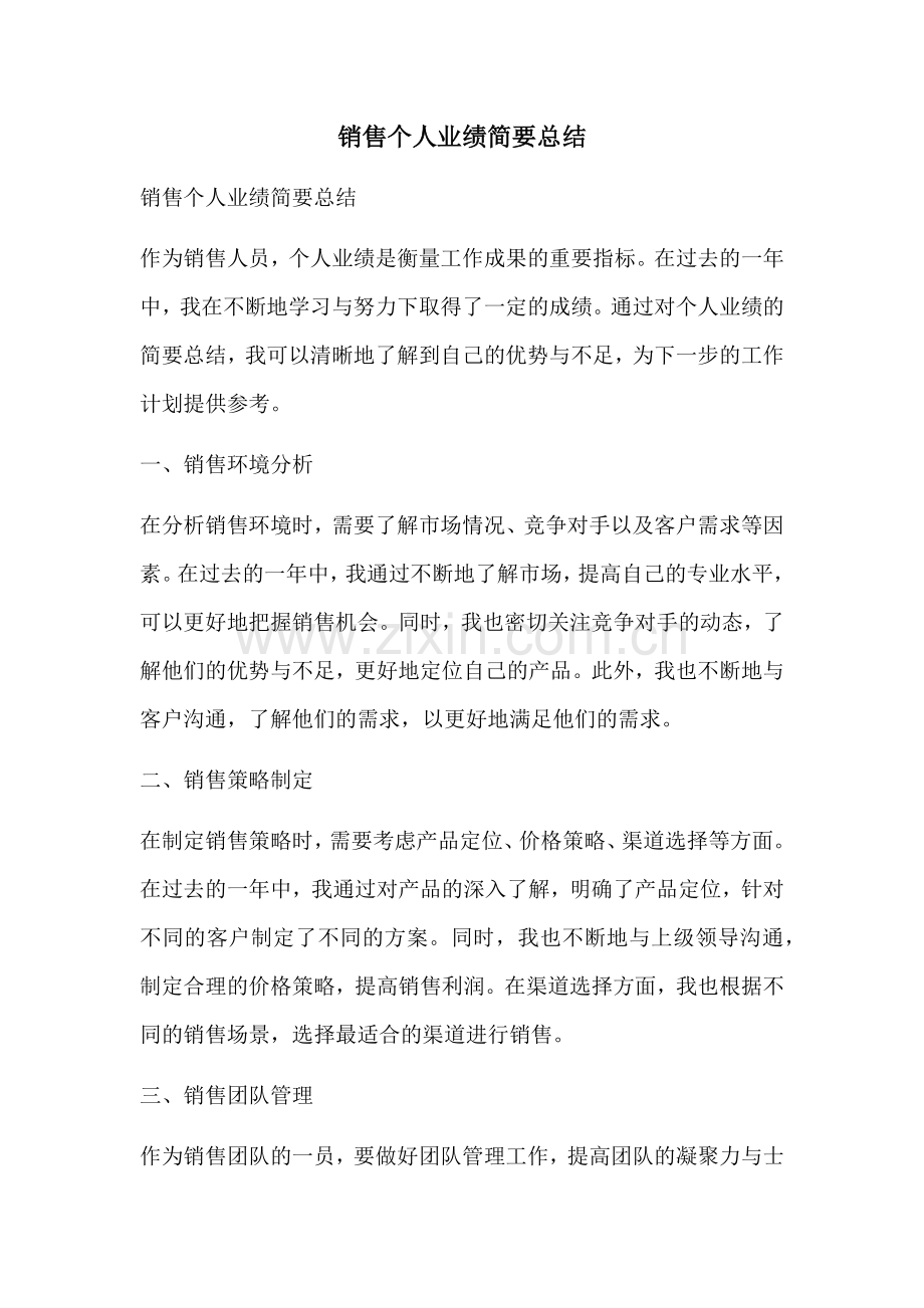 销售个人业绩简要总结.docx_第1页