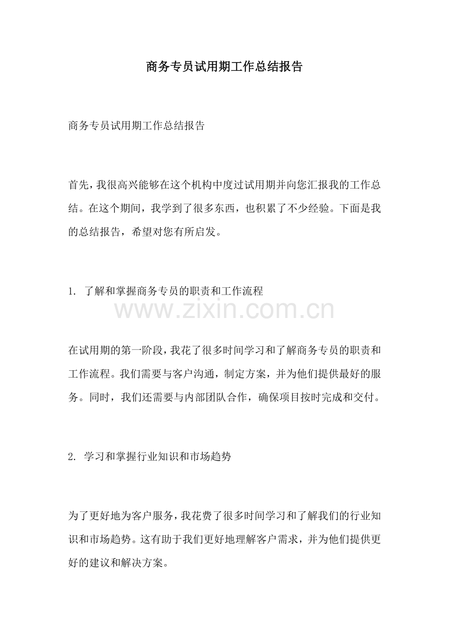 商务专员试用期工作总结报告.docx_第1页