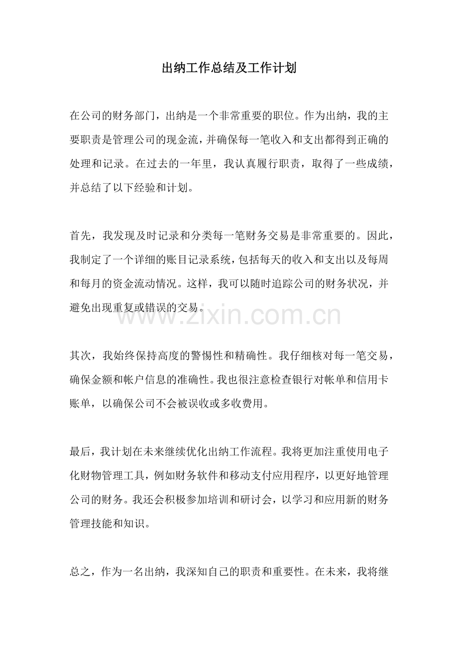 出纳工作总结及工作计划.docx_第1页