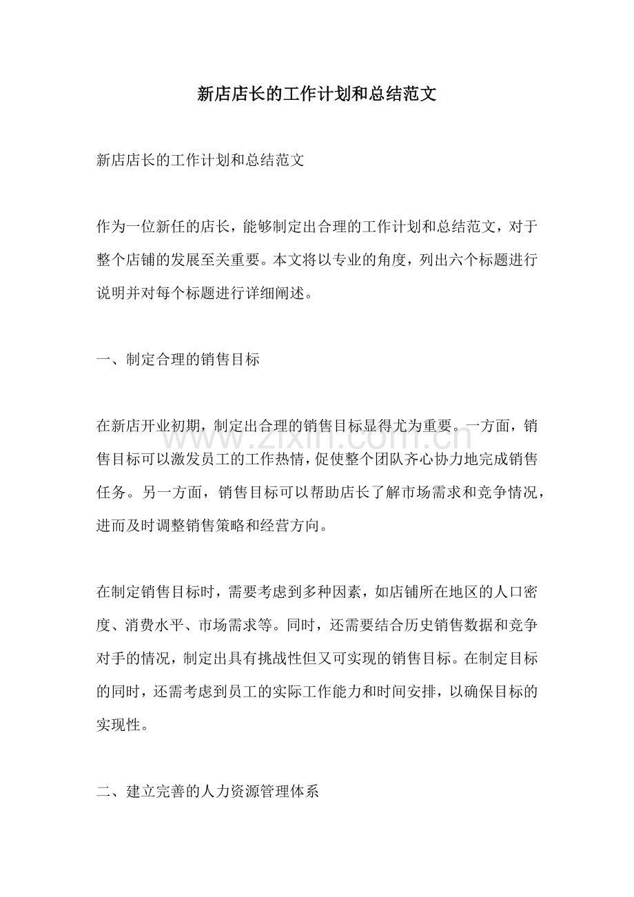新店店长的工作计划和总结范文.docx_第1页