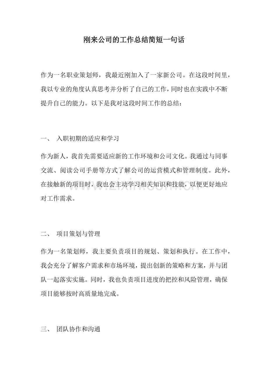 刚来公司的工作总结简短一句话.docx_第1页
