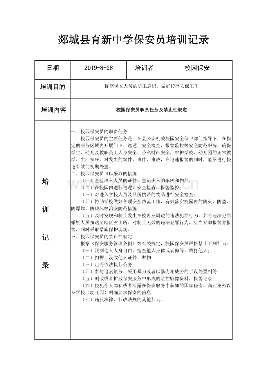 校园保安员培训记录.doc_第1页