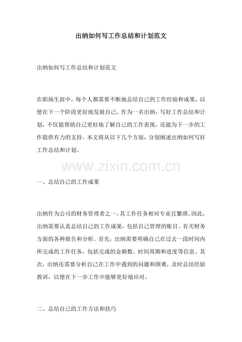 出纳如何写工作总结和计划范文.docx_第1页