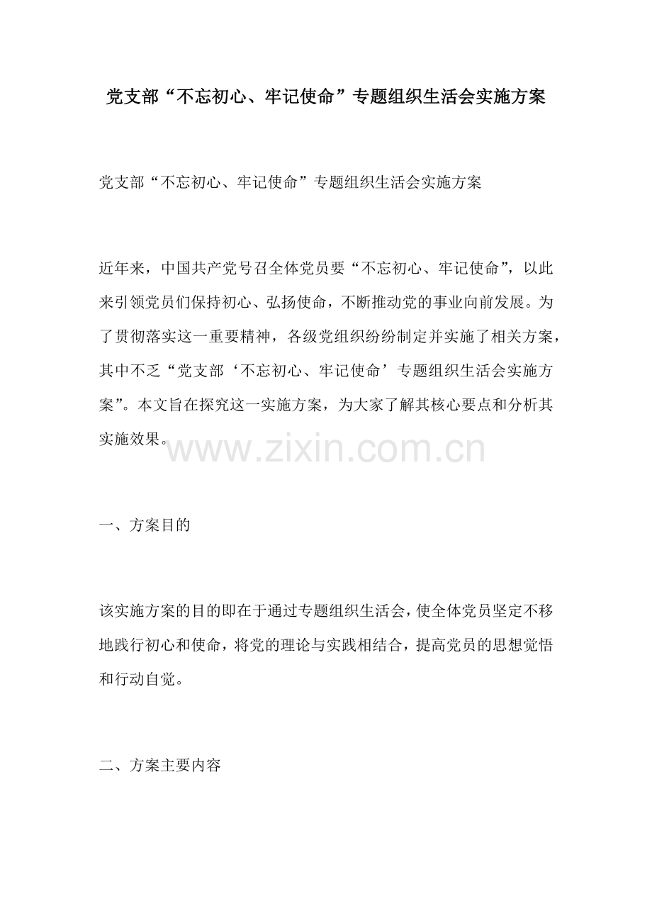 党支部不忘初心牢记使命专题组织生活会实施方案.docx_第1页
